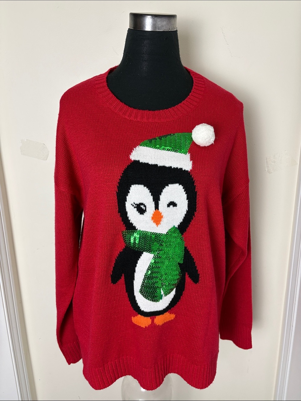 Vintage Women Red Penguin Sequin Holiday Ugly Christmas Sweater